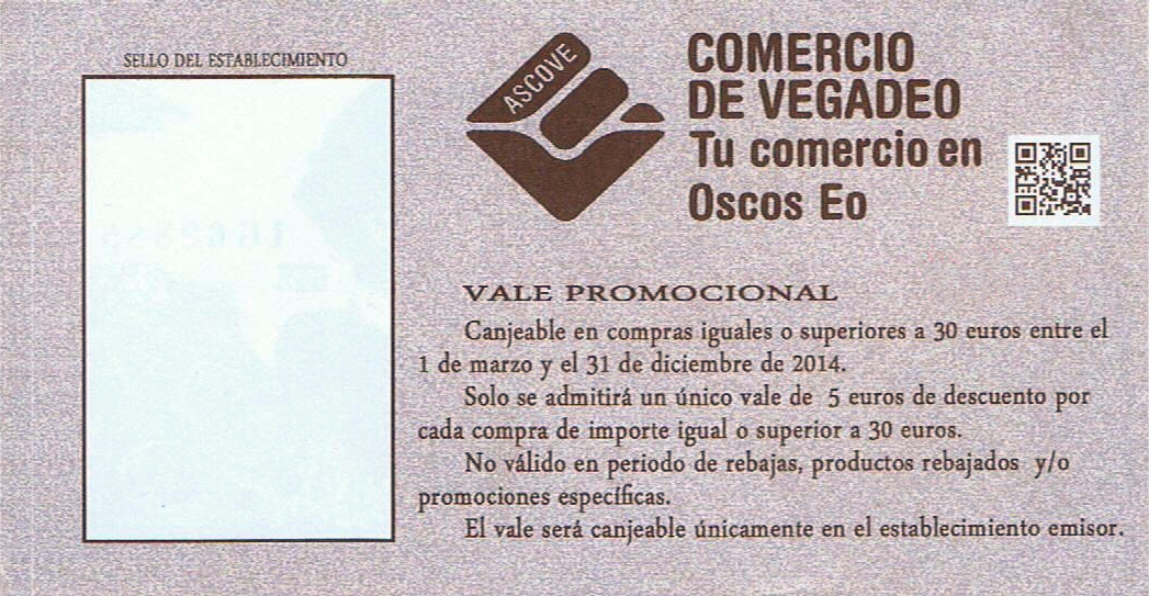 VALE PROMOCIONAL.    Canjeable en compras iguales o superiores a 30 euros entre el 1 de marzo y el 31 de diciembre de 2014.  Solo se admitirá un único vale de 5 euros de descuento por cada compra de importe igual o superior a 30 euros.  No válido en período de rebajas, productos rebajados y/o promociones específicas.  El vale será canjeable únicamente en el establecimiento emisor.